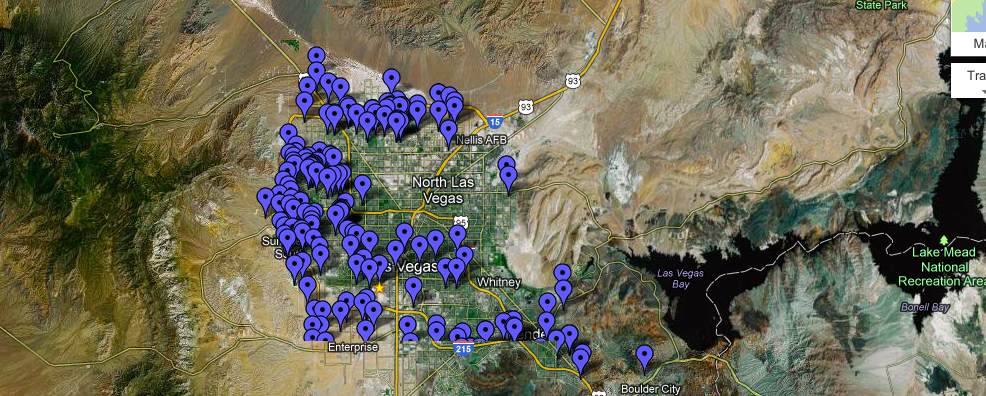 Google Maps Image showing hundreds of pins for completed patio cover projects in Las Vegas, North Las Vegas and Henderson Nevada